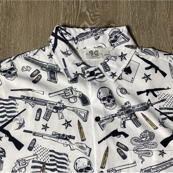Funny Guy Mugs Gun Skull Print Shirt XXL White Graphic Button Up Men's Top - Picture 5 of 12